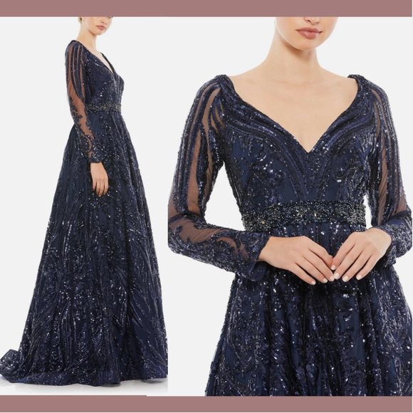 NWT $598 Mac Duggal [ 18 ] Damask Sequin Long‎ Sleeve Gown in Midnight Blue - Picture 2 of 16